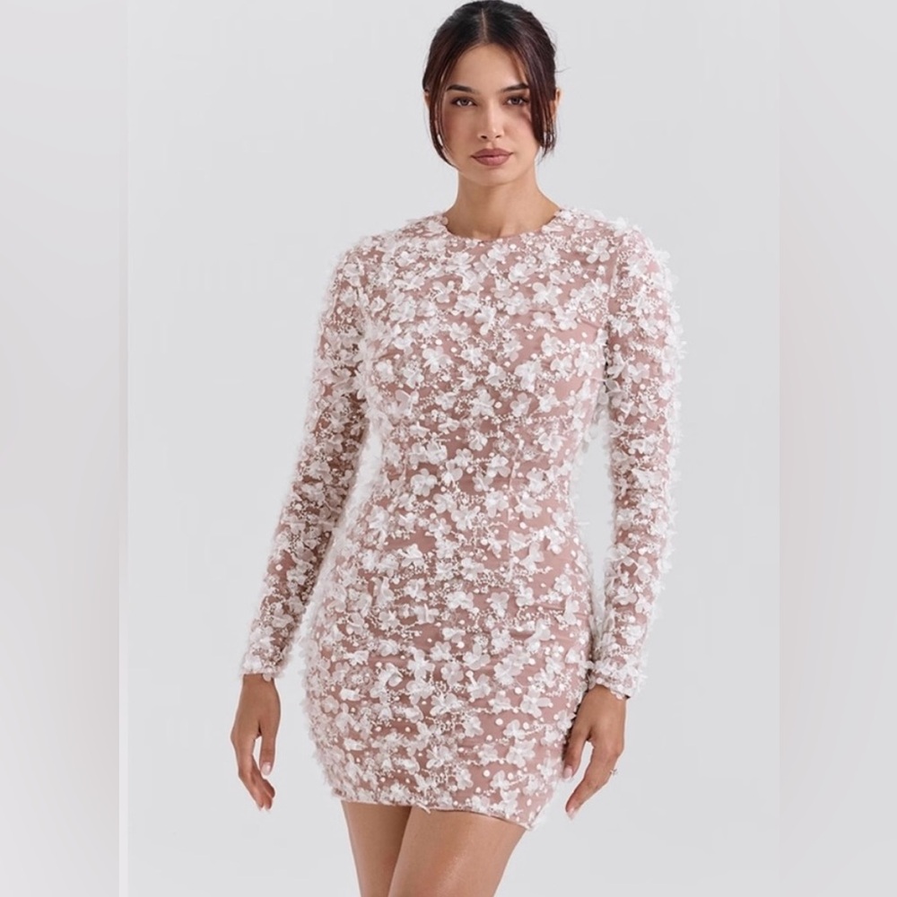 House of CB White Floral Long Sleeve Dress